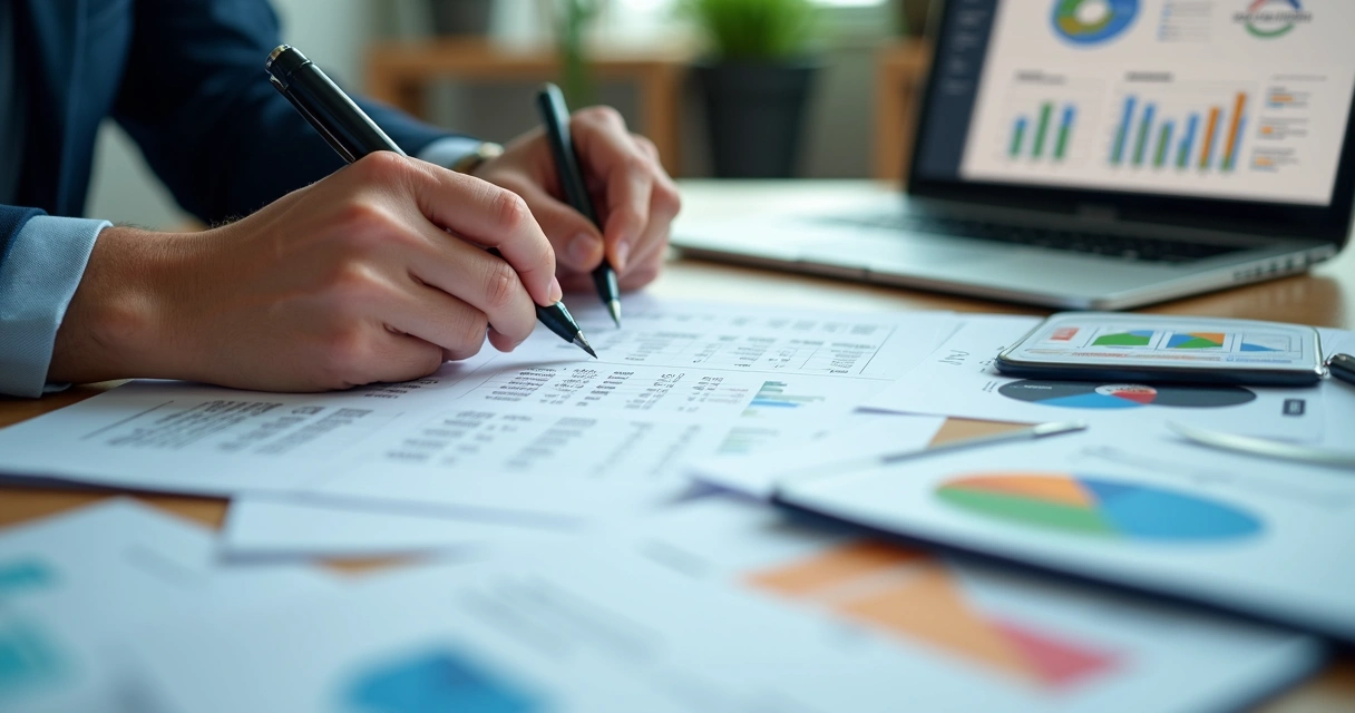 Profissional revisando proposta comercial na mesa com anotações e gráficos financeiros
