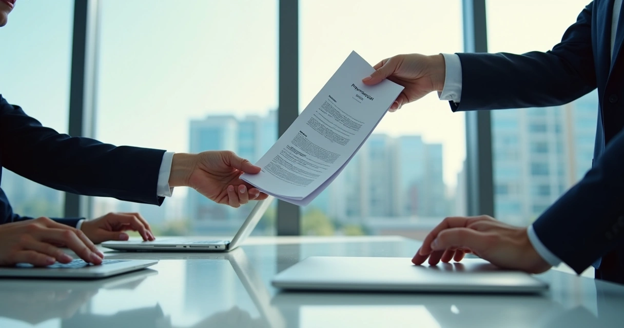 Negociação comercial em reunião, duas pessoas trocando documentos de proposta