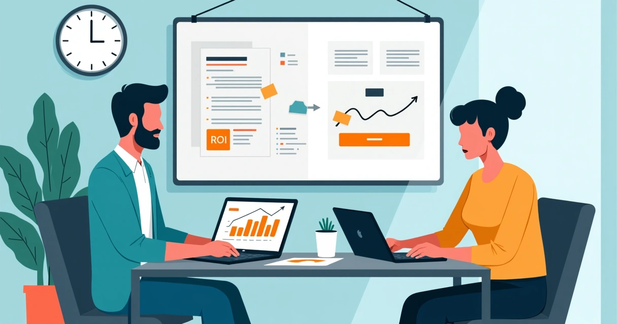 Empresário mostrando proposta comercial estruturada em notebook para cliente em reunião 