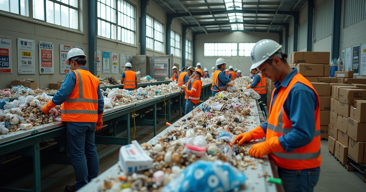Cooperativa de catadores trabalhando em centro de triagem de materiais recicláveis 