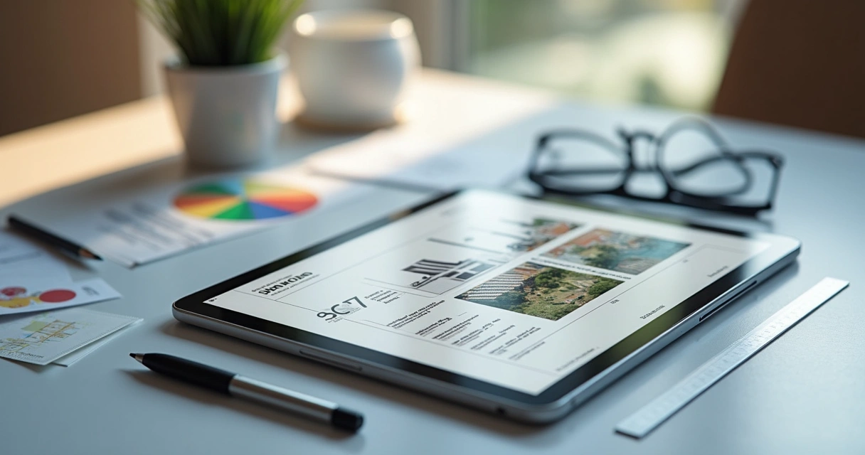 Proposta digital de arquitetura em tablet mostrando logotipo e gráficos modernos 