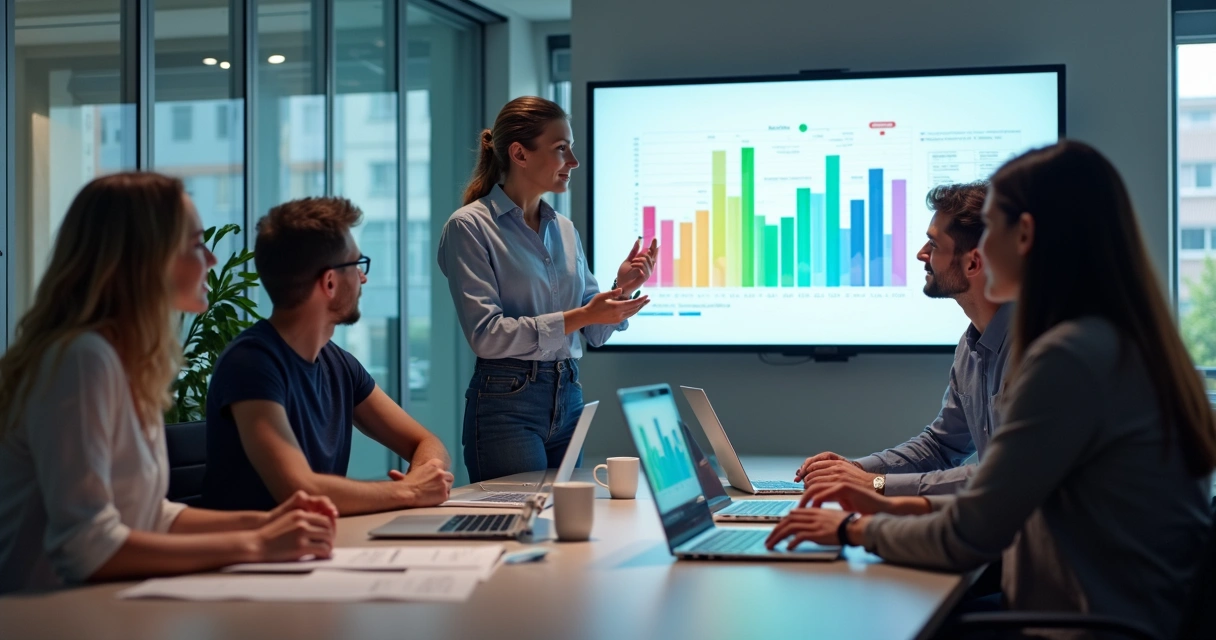Equipe analisando proposta digital B2B em tela com gráficos ao fundo 