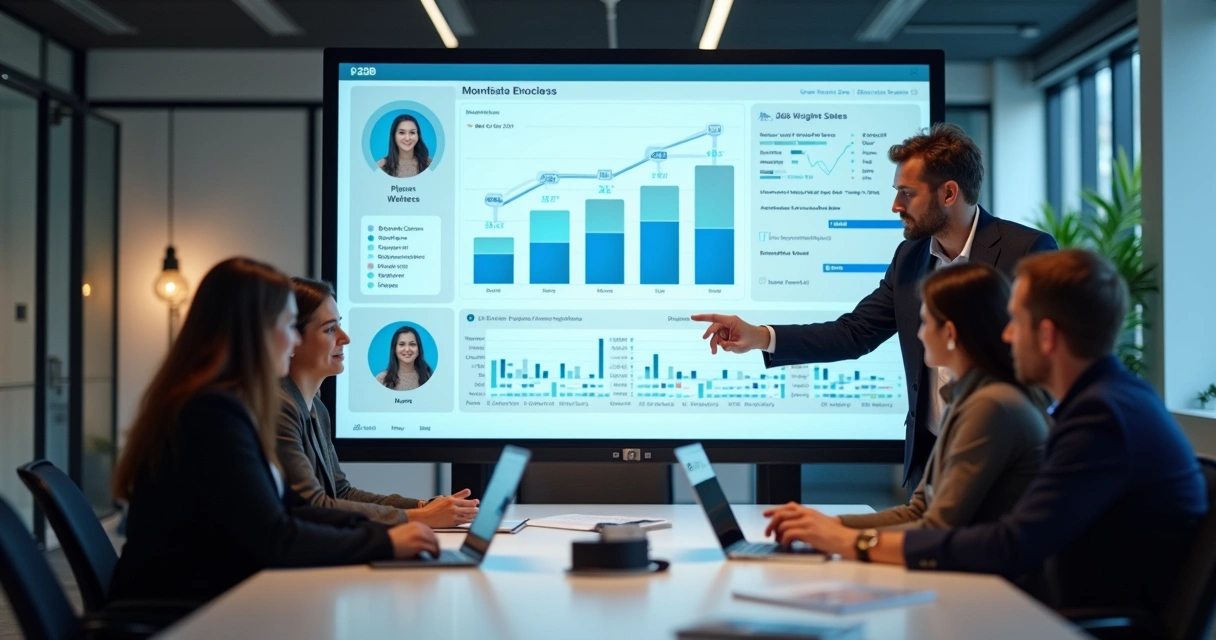 Equipe de vendas reunida em torno de tela digital mostrando proposta interativa 