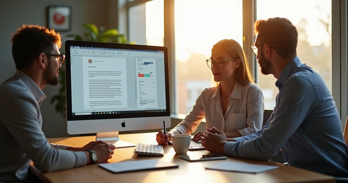 Equipe de vendas analisando proposta digital em tela de computador 