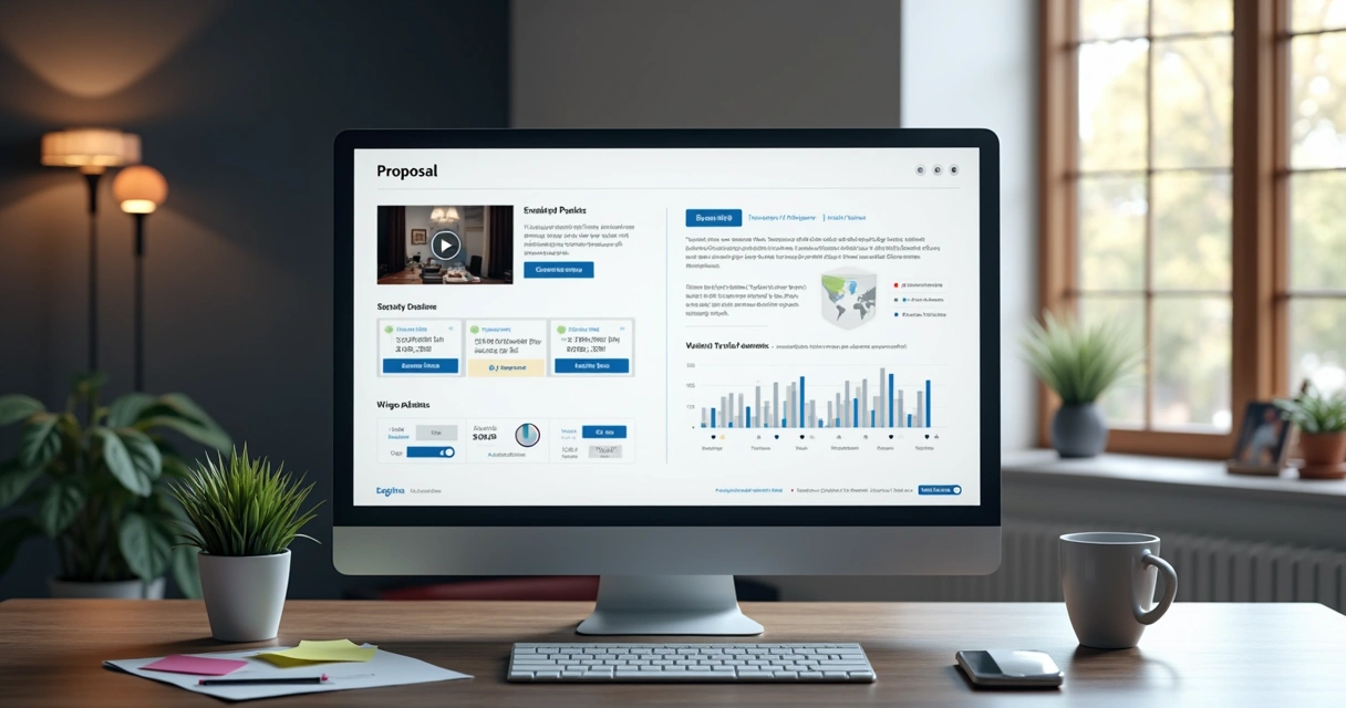 Tela de proposta comercial digital interativa com vídeo e botões clicáveis 