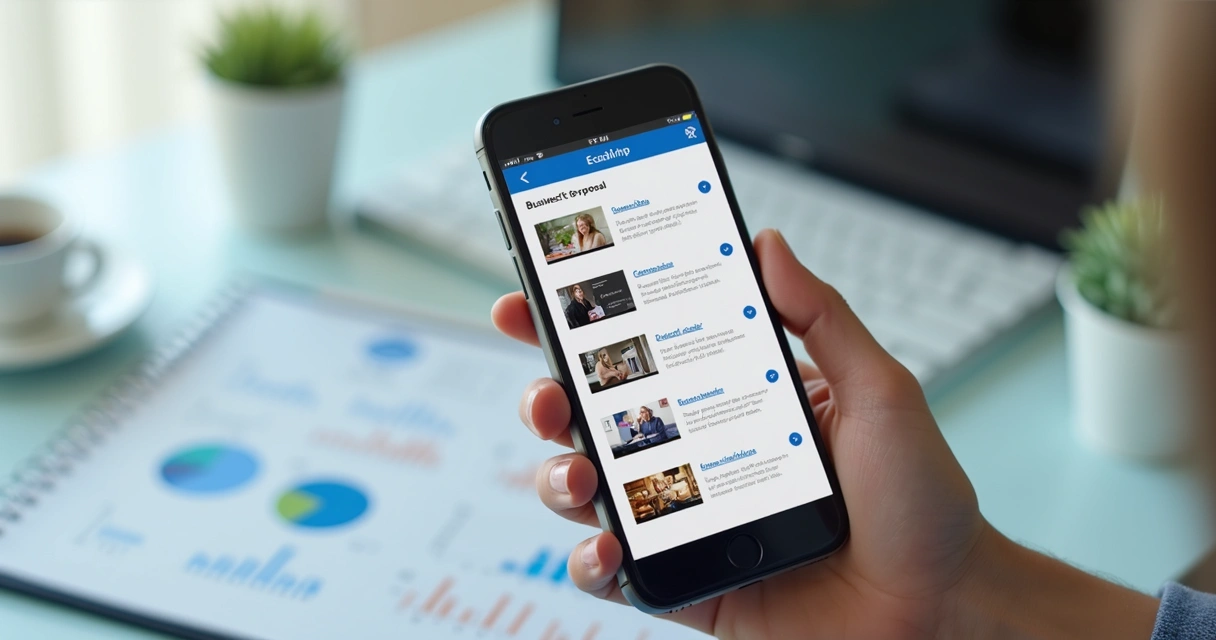 Proposta digital interativa aberta em smartphone mostrando vídeos e gráficos 