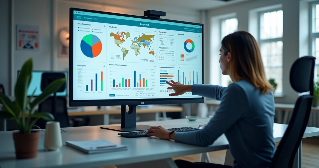 Proposta digital personalizada aberta em tela com gráficos e vídeos interativos 