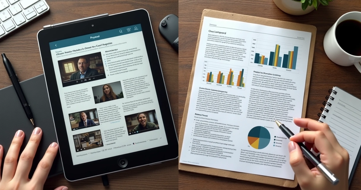 Comparação visual entre uma proposta digital interativa em um tablet e um PDF tradicional impresso na mesa 