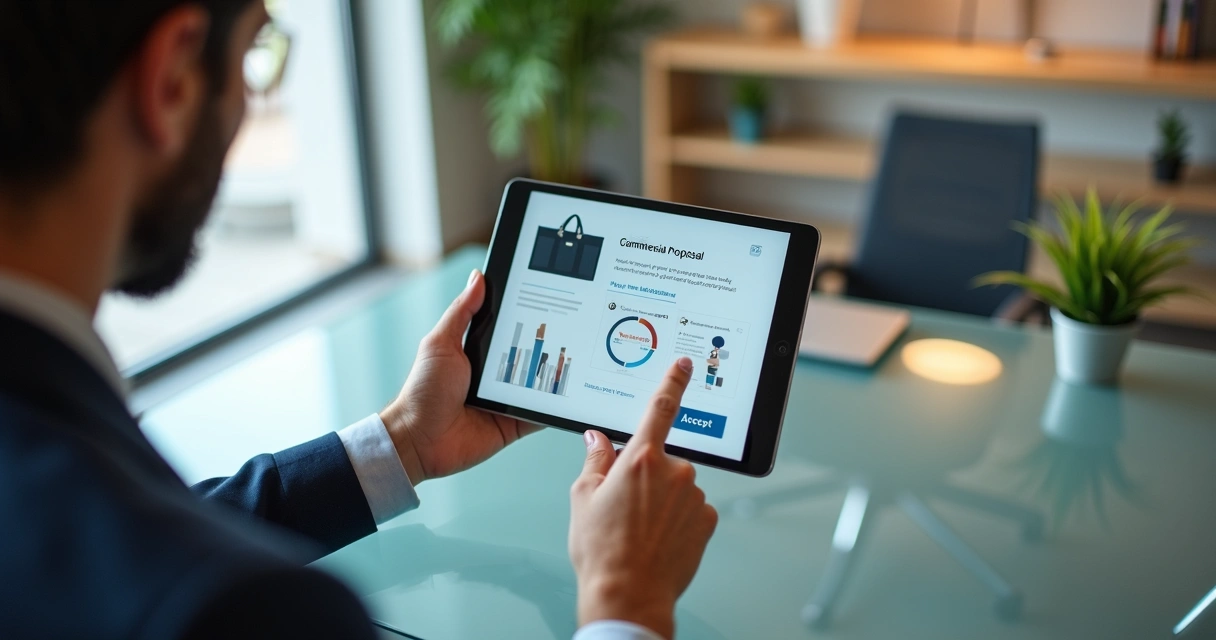 Cliente analisando proposta comercial digital em tablet 