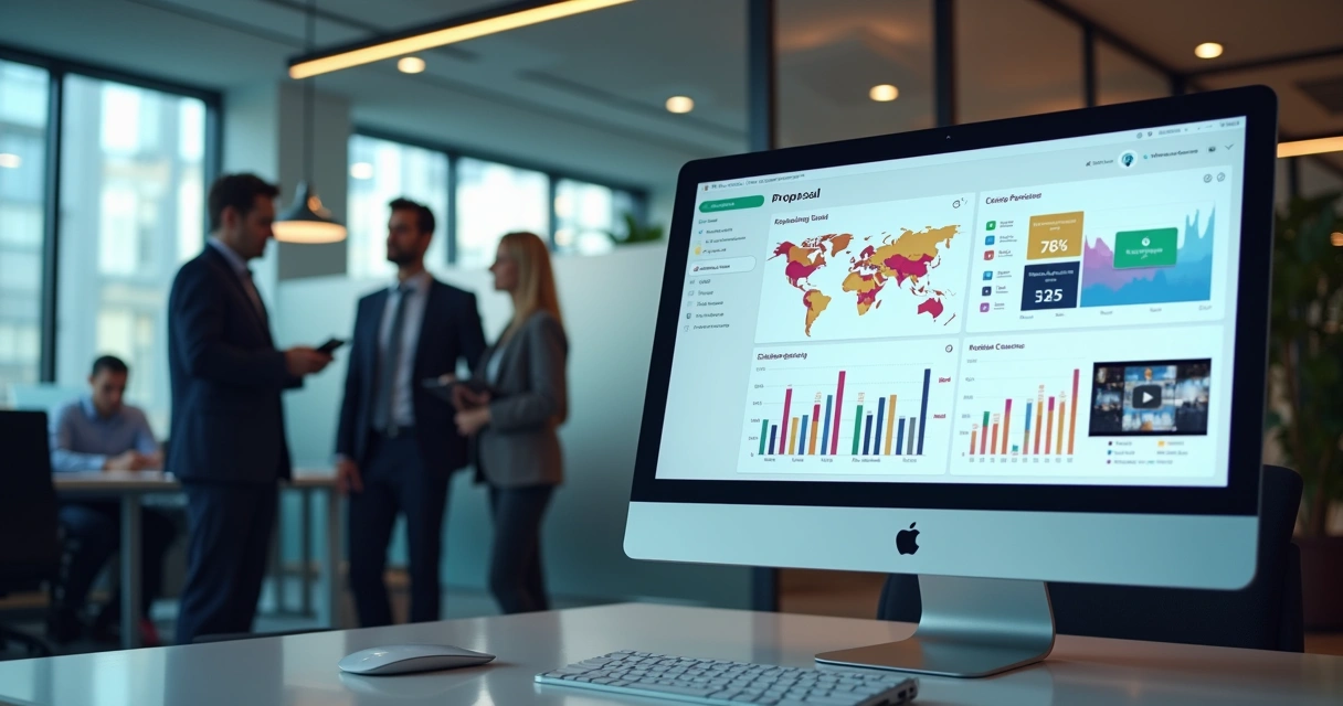 Dashboard colorido de proposta mostrando vídeos e gráficos de envolvimento 