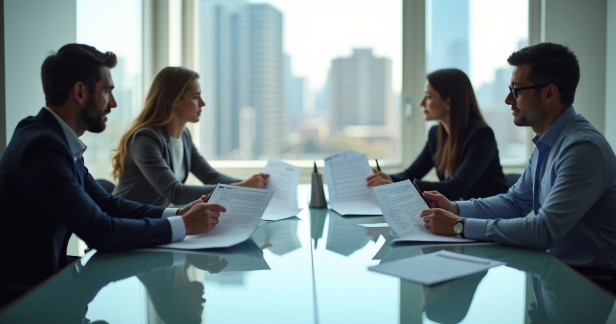 Duas pessoas negociando, olhando documento de proposta de vendas