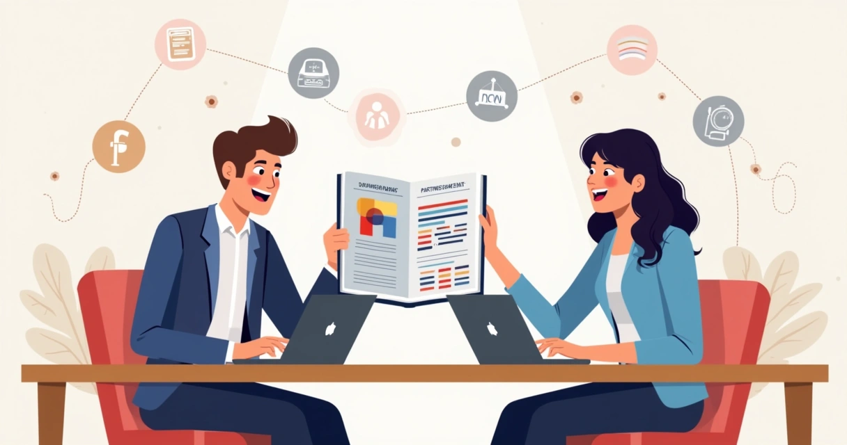 Duas pessoas analisando material de proposta de parceria SaaS 