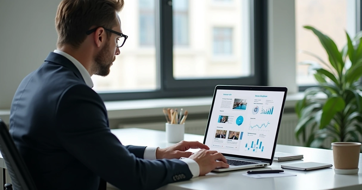 Proposta digital personalizada sendo visualizada em notebook por um executivo 