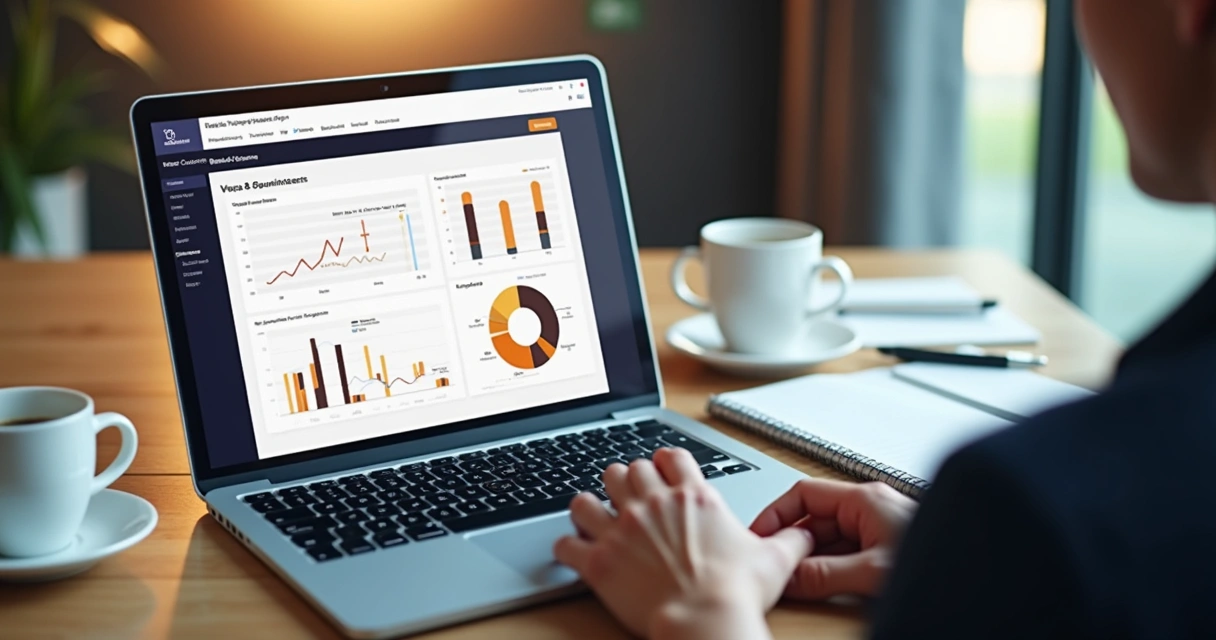 Proposta digital personalizada apresentada em um notebook, com gráficos e vídeos embutidos 