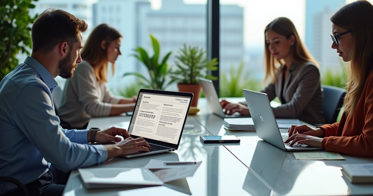Equipe criando propostas personalizadas para diferentes clientes em computadores alinhados numa mesa. 