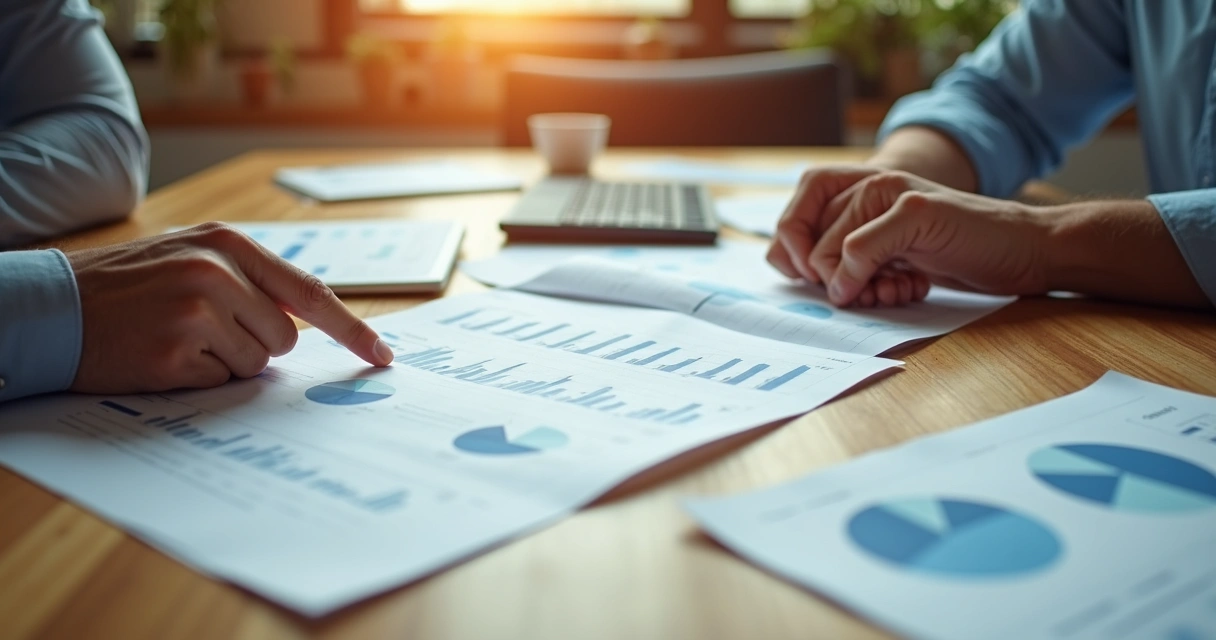 Duas pessoas analisando proposta comercial personalizada com gráficos e bloco de notas 