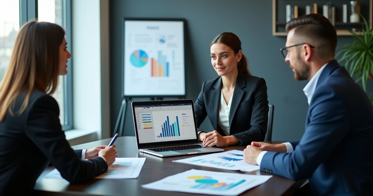 Profissional apresentando proposta comercial personalizada em laptop 