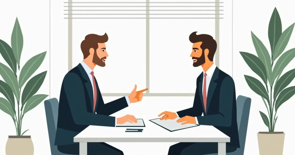 Homem sentado com gerente bancário mostrando contrato de previdência em mesa branca. 