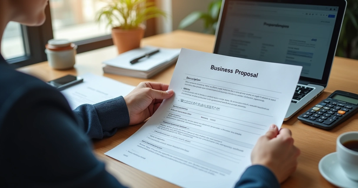 Profissional revisando proposta de serviços em escritório 