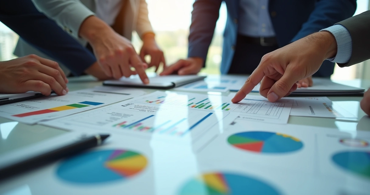 Mesa de reunião com proposta técnica impressa, planilhas e gráficos