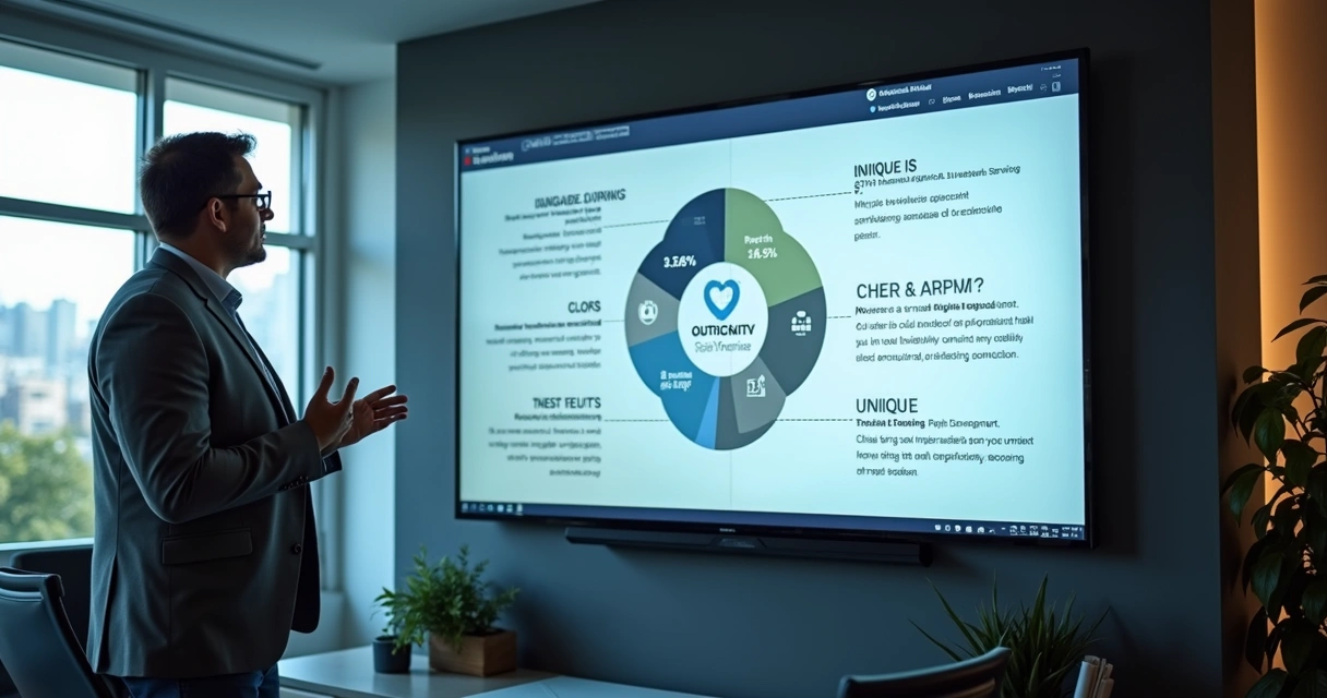 Apresentação de proposta de valor exclusiva com gráficos e depoimentos em tela grande 