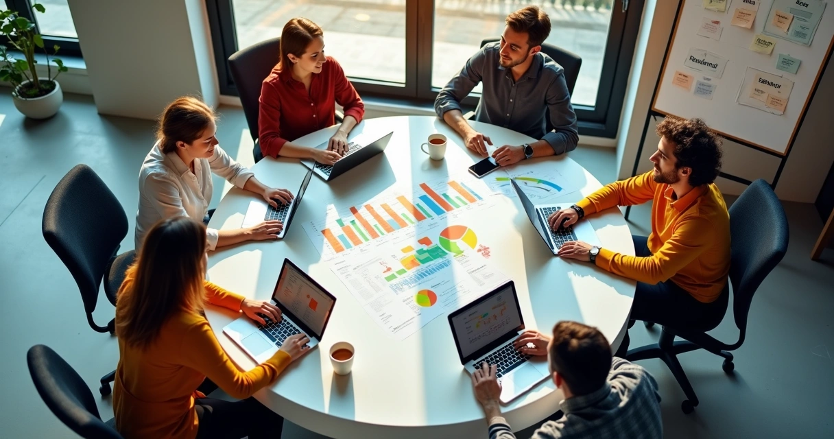 Reunião de equipe em agência digital discutindo uma proposta de valor em uma mesa de madeira