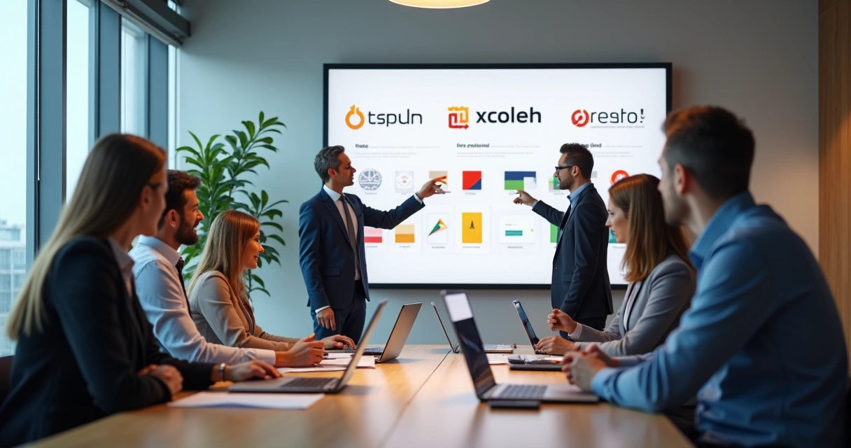 Equipe discutindo identidade visual com mural de logos e paleta de cores 