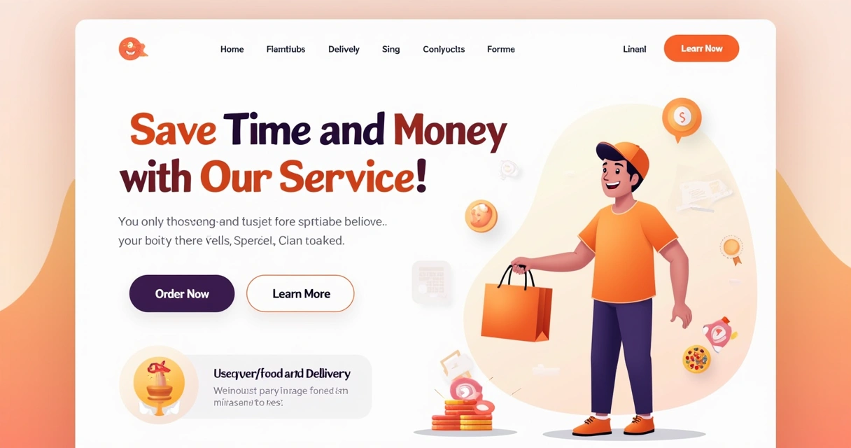 Ilustração de uma landing page com proposta de valor clara, mostrando um entregador feliz e benefícios como economia de tempo e dinheiro.