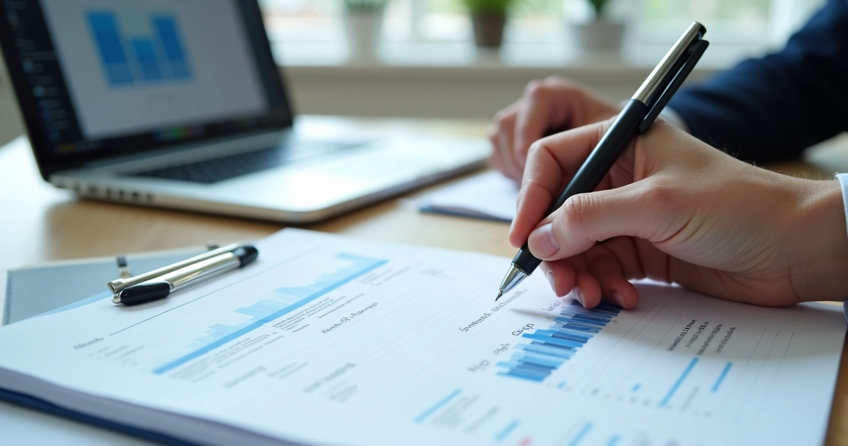 Documento de proposta sendo assinado sobre mesa de escritório com notebook ao fundo 