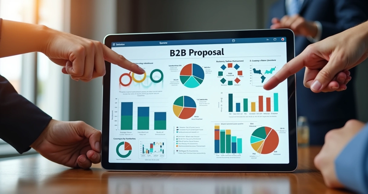 Documento digital B2B com gráficos coloridos e vídeos integrados 