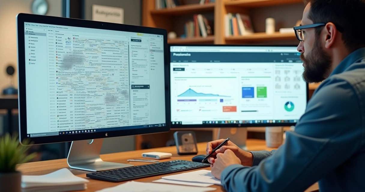 Pequeno varejista comparando caixa de email cheia com painel de propostas em sistema integrado 