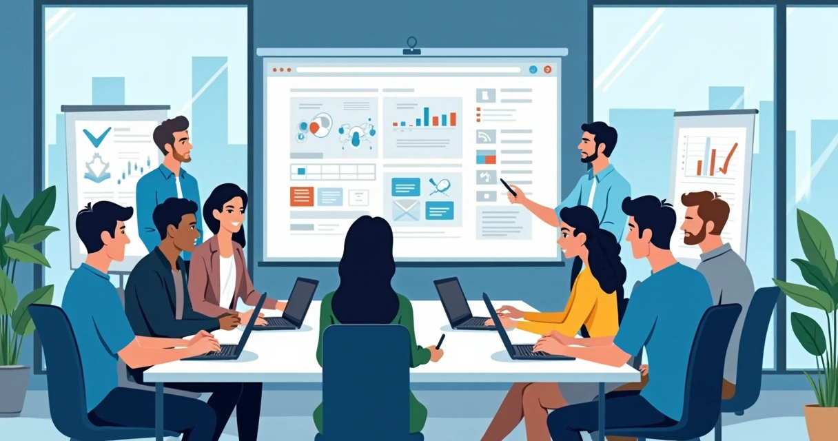 Equipe de agência digital reunida analisando propostas comerciais em notebooks 