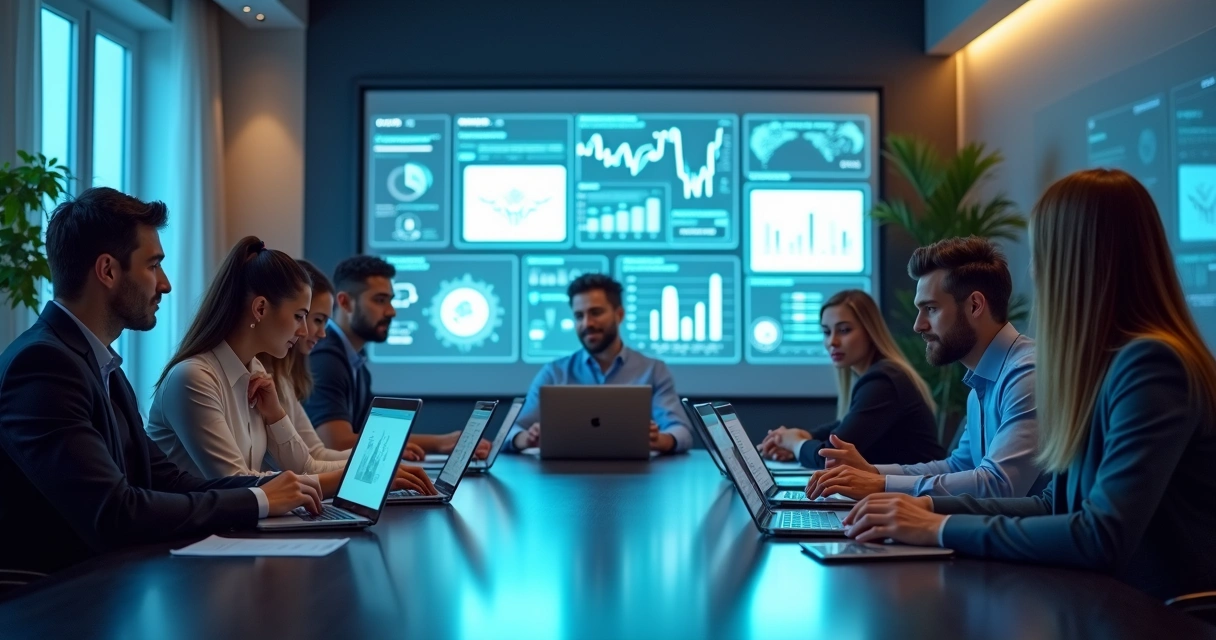 Equipe de vendas reunida analisando propostas digitais em telas de laptop e tablets 