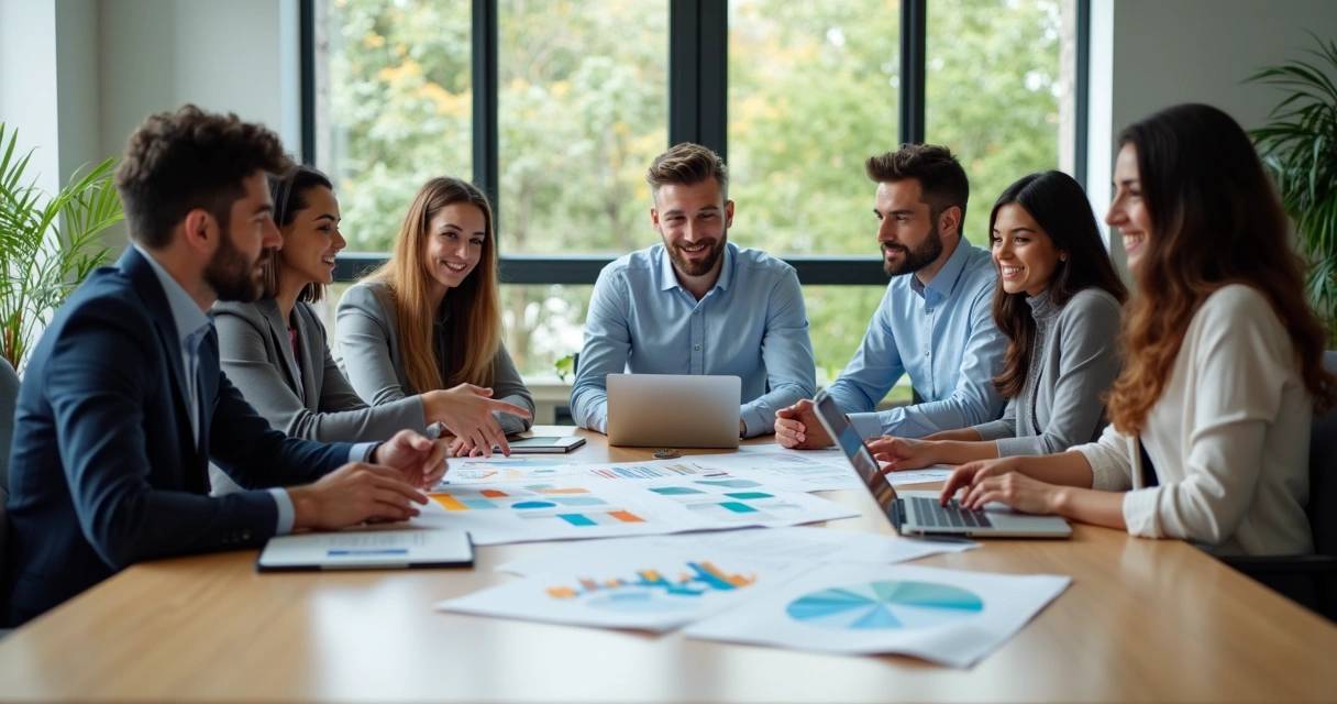 Equipe reunida analisando propostas comerciais em uma mesa, papéis e computadores ao redor