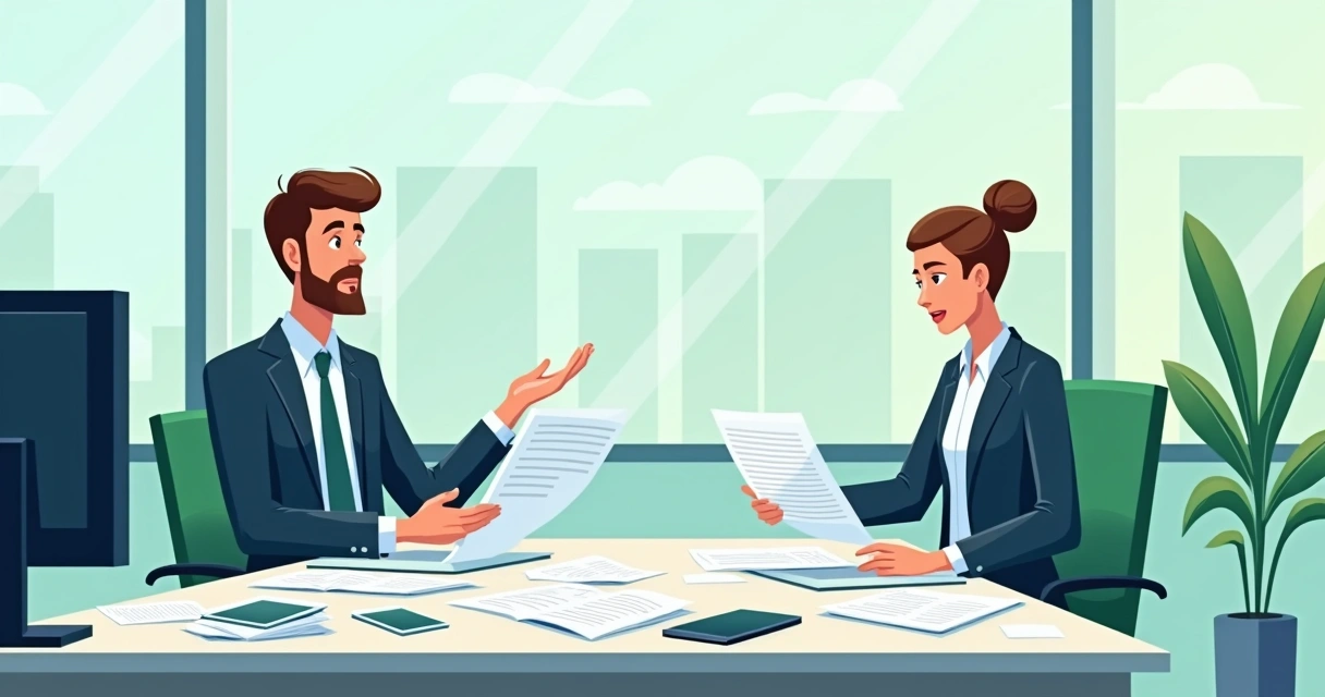 Ilustração de vários papéis de propostas espalhados sobre uma mesa de escritório moderna 