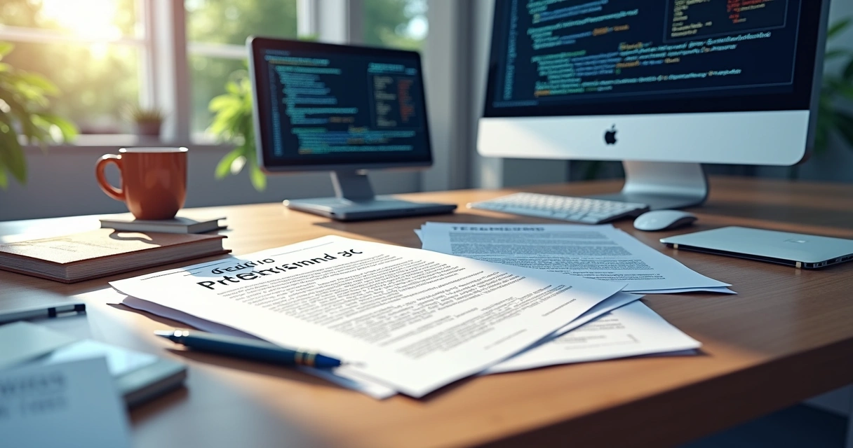 Equipamento de TI e documentos de propriedade intelectual sobre uma mesa 