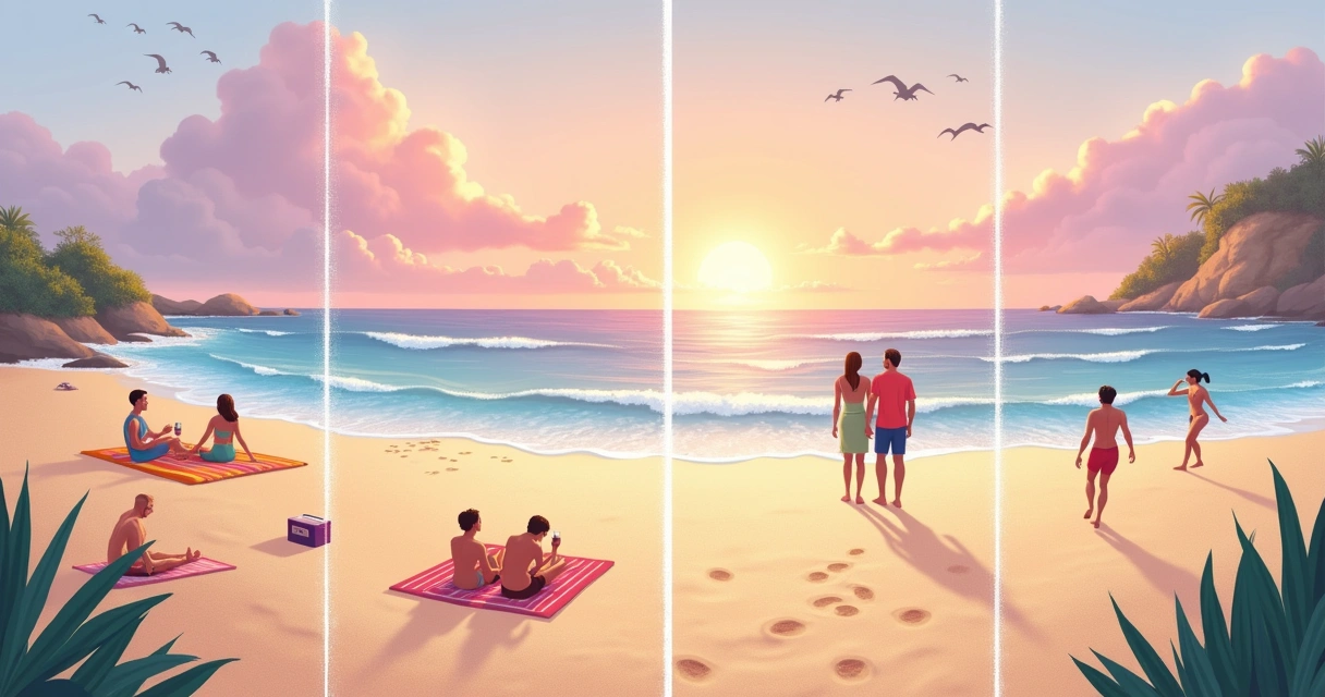 Ilustração de uma propriedade de multipropriedade à beira-mar com famílias se divertindo na praia.