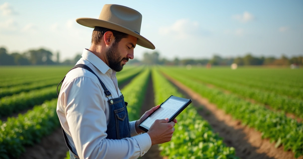 Produtor rural utilizando tablet em plantação para registro digital