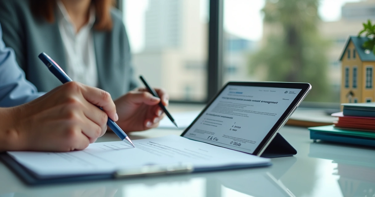 Proprietária assinando autorização digital de locação em tablet com corretor ao lado 