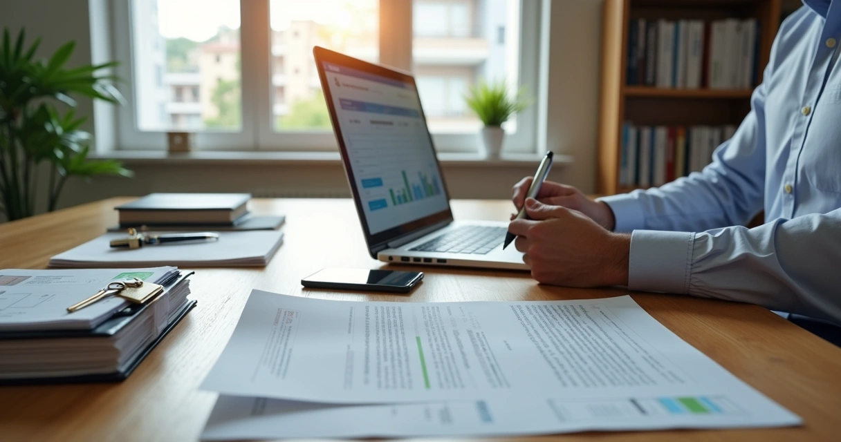 Proprietário analisando contrato de aluguel em home office com documentos e notebook 