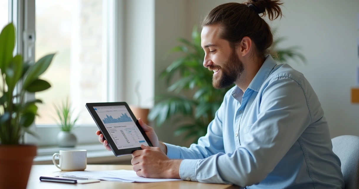 Proprietário analisando relatórios digitais de aluguel 