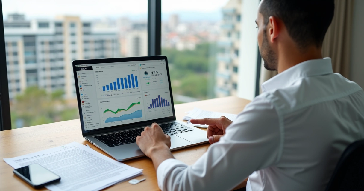 Proprietário analisando documentos de aluguel e nova tributação no notebook 