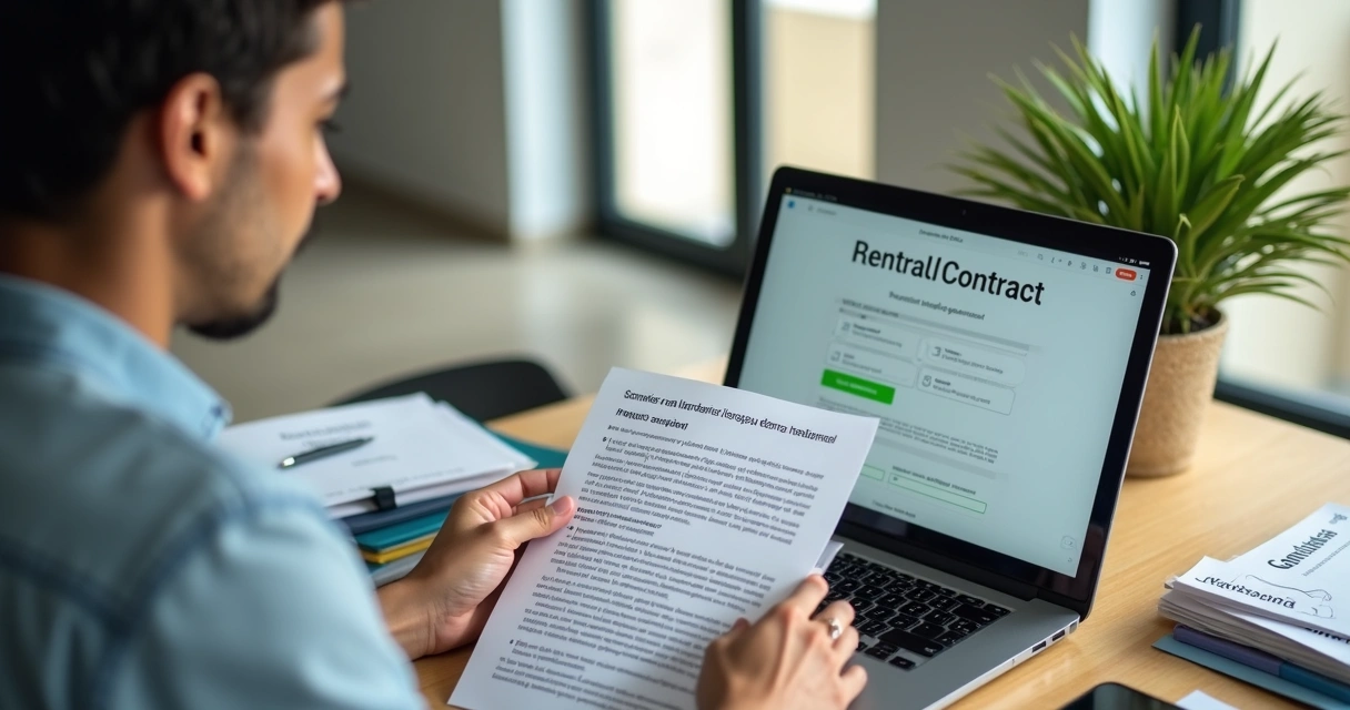 Proprietário analisando contrato de aluguel com assinatura digital no notebook 