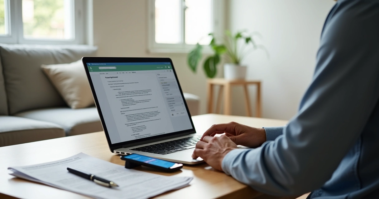 Proprietário conferindo contrato de locação digital no notebook com imóvel ao fundo 