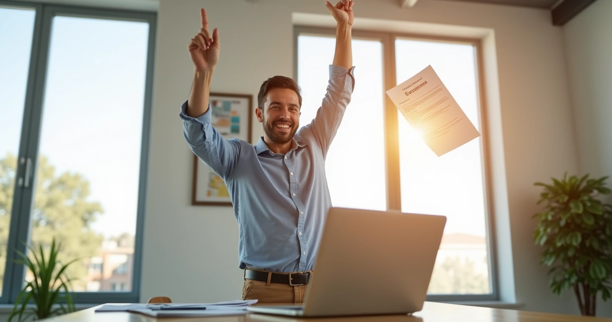 Empresário comemorando mudança de categoria empresarial com papéis de aprovação na mão