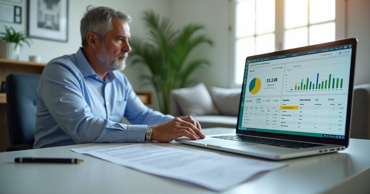 Proprietário analisando contrato de aluguel e pagamentos no notebook 