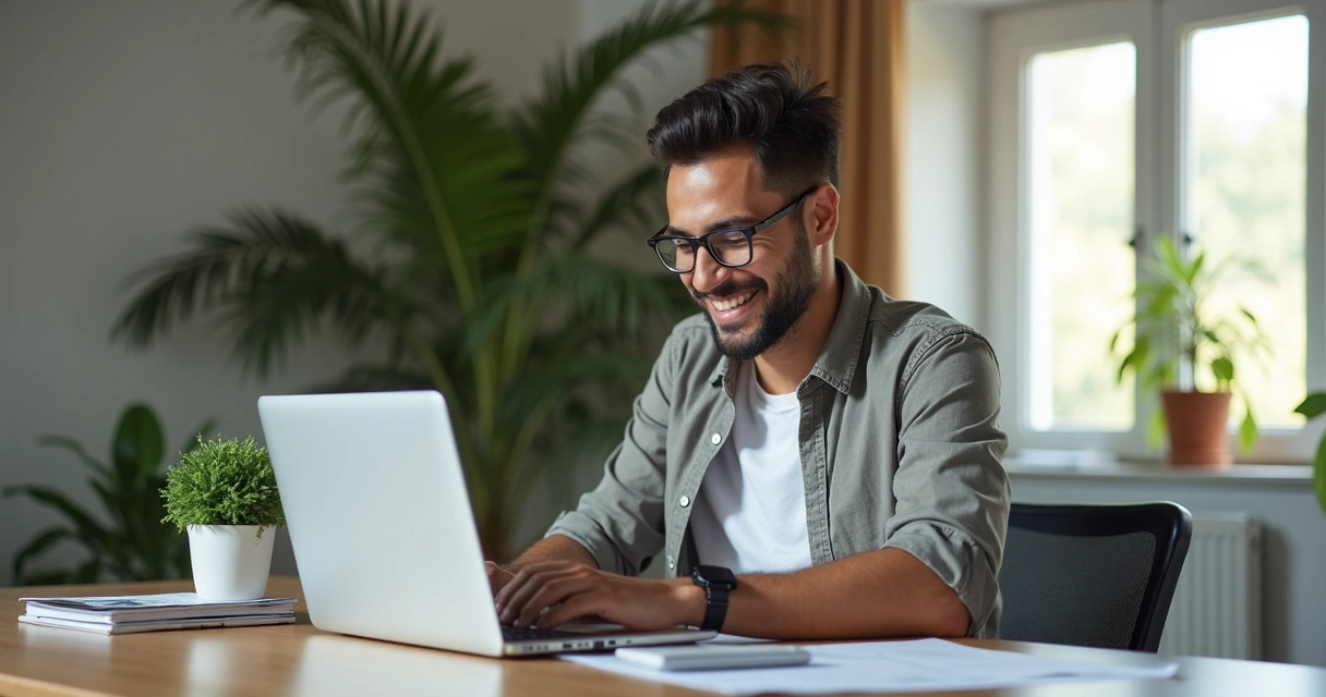 Proprietário satisfeito no escritório, em frente ao notebook, conferindo relatórios prontos de aluguel 