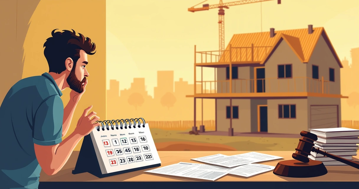 Proprietário frustrado diante de uma casa em construção, com documentos e contrato ao redor, simbolizando organização.