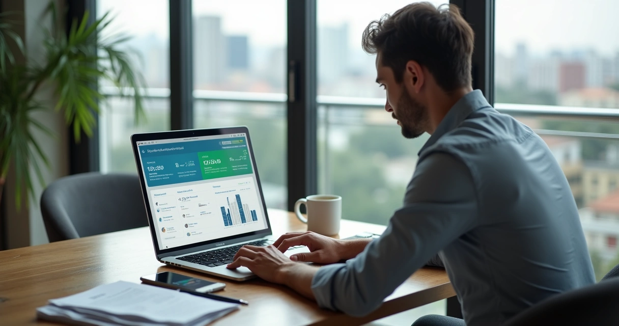 Proprietário gerenciando imóveis sozinho em notebook com painel de software 