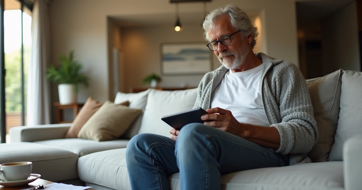 Proprietário usando tablet para gerenciar aluguel de imóvel na sala robusta